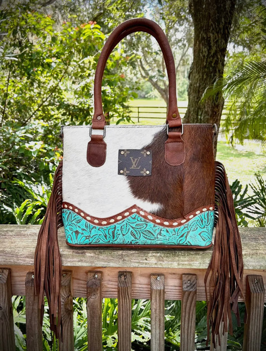 Upcycled Lv Cowhide Leather Fringe Crossbody Bag Satchel